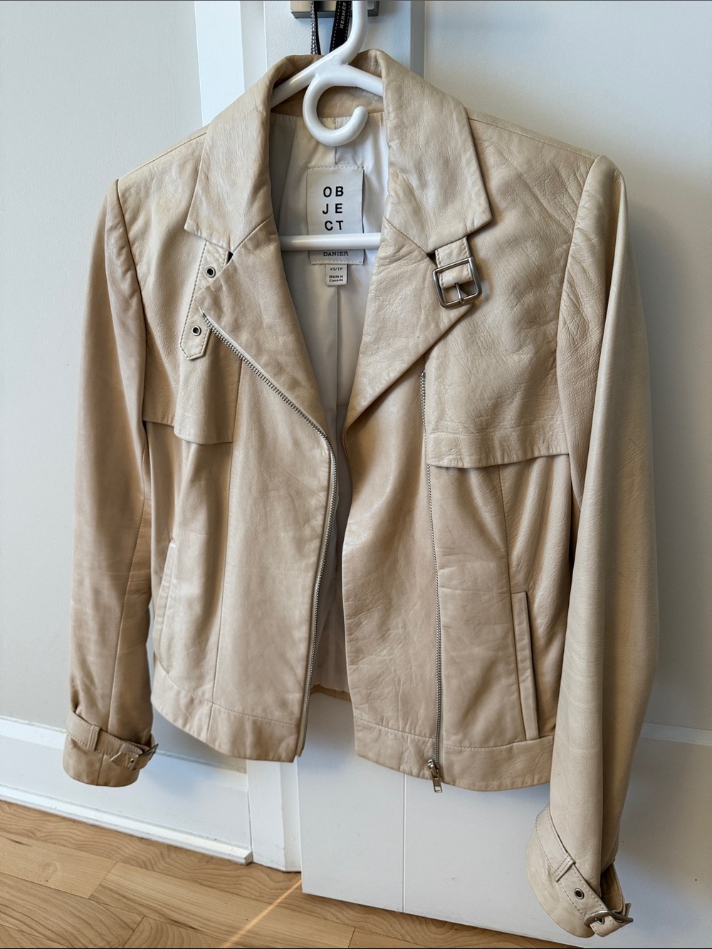 Danier Beige Leather Moto Jacket with Buckle Detail
